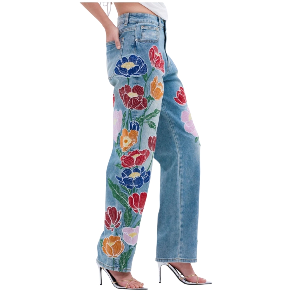 New! AKIRA Blue Jeans with Colorful Floral Embroidery - Picture 4 of 8